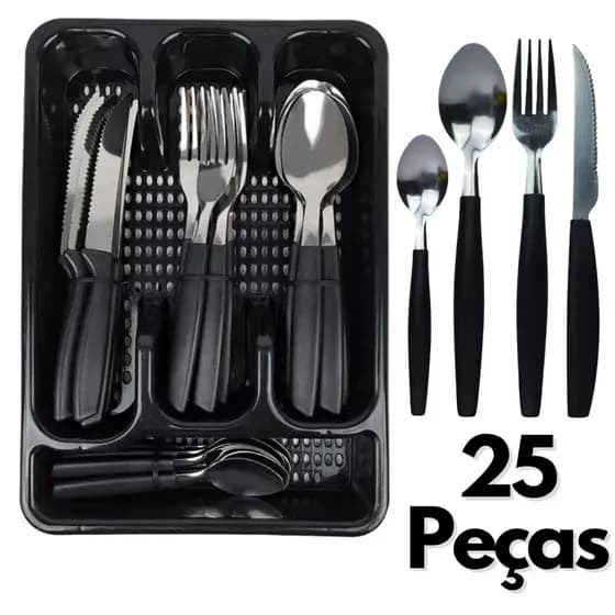 JOGO DE TALHERES 25PÇS E PORTA TALHER PRETO ORIGINAL