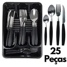 JOGO DE TALHERES 25PÇS E PORTA TALHER PRETO ORIGINAL