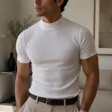 Camisa Masculina Camiseta Gola Média Alta Canelada Old money Casual Esporte Fino Justa ao Corpo
