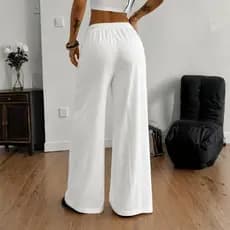 Calça Feminina Pantalona Canelada Wide Leg Larga Inverno Cintura Baixa Moda Gringa Blogueirinha