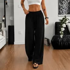 Calça Pantalona Cintura Baixa Feminina Wide Leg Casual Frio Inverno Canelado Sem Bolso
