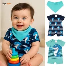 Conjunto Kit 3 peças 2 Macacão Curto + Bandana, Romper, Macaquinho Menino, Banho de Sol, Estampas Fofas
