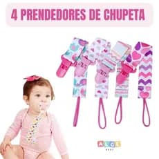 4 Prendedores Cordão de Chupeta Bico Para Bebe Baby Com Estampas Coloridas MENINA