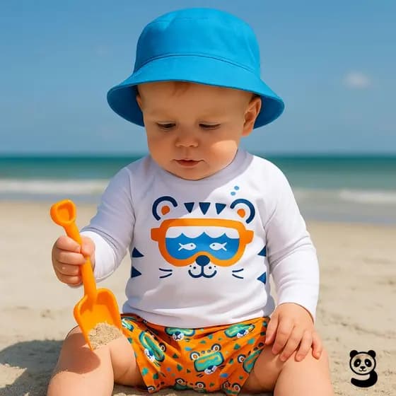 Conjunto Bebê Menino Praia Piscina Proteção UV 50+ Camiseta e Tapa Fraldas de 3 Meses a 12 Meses Praia Piscina Natação