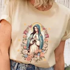 Camiseta Feminina Country Virgem Maria Estampada Estilosa Algodão T-Shirt