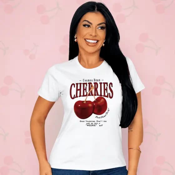 T-Shirt Feminina Estampada Cereja Blusa Manga Curta Casual Confortável Moda Versátil