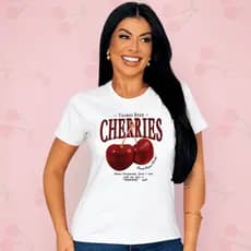 T-Shirt Feminina Estampada Cereja Blusa Manga Curta Casual Confortável Moda Versátil
