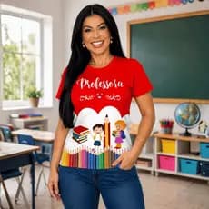 Tshirt Feminina Uniforme Professora Camiseta Estampada Elastano Professora Manga Curta