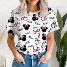 Tshirts Blusa Feminina Estampada Camiseta Baby Look Personagens - Minnie com Laço Rosa