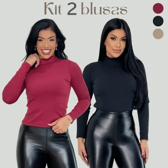 Kit 2 Blusas Manga Longa Comprida Canelada Premium Gola Alta Moda Inverno Envio Rápido Feminina