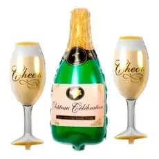 Kit Balão Metalizado Taça Champanhe + Garrafa Ano 3pçs Cor Dourado Ano Novo
