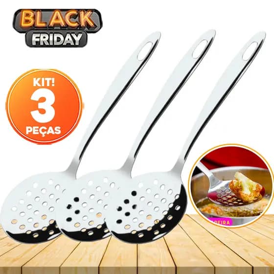 Kit 3 Escumadeiras de Inox para Frituras e Arroz - Linha Recife, Alta Qualidade e Resistência, Envio Imediato