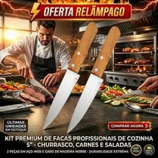Kit 2 peças Faca de Cozinha Aço Inox Cabo de Madeira 5´´ Carne Salada Legumes Churrasco