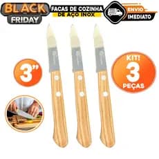 kit 3 Facas de Cozinha Aço Inox Cabo de Madeira 3" Carne Salada Legumes Churrasco
