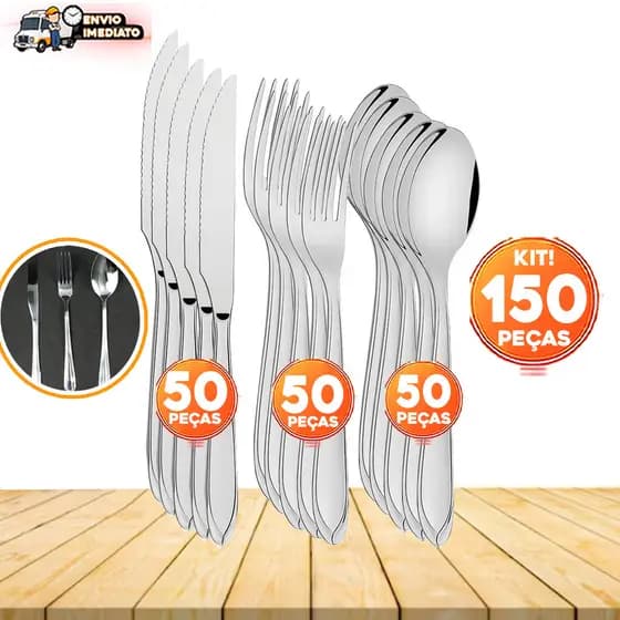 Kit 150 Talher de Inox 50 Garfos 50 Colheres 50 Facas com Serra sem Ponta Jogo de Talheres