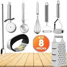 Kit 8 Peças Cortador de Pizza Cortador de Pastel Descascador de Legumes Fuê Fouet Batedor de Claras Amassador de Batata.
