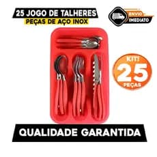 Jogo de Talheres 25 Peças Inox Aço Faqueiro Conjunto Kit Talher Colher Garfo Faca Cozinha