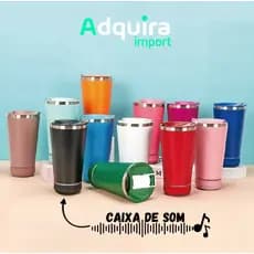 Copo Térmico Inox 420ML com Tampa, Abridor e Caixa de Som Bluetooth com LED