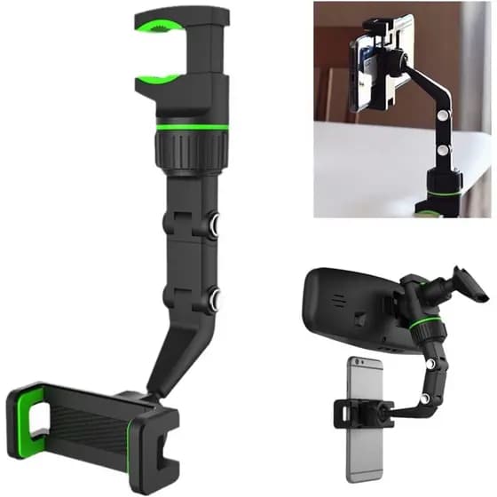 Suporte de telefone multifuncional para espelho retrovisor 360°, suporte para telefone de mesa, suporte para smartphone e suporte para celular do banco traseiro do veículo compatível com mais telefones celulares
