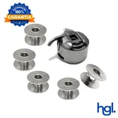 Kit Caixa de Bobina + 5 Bobina Carretilha Metal Alta p/ Máquina Doméstica