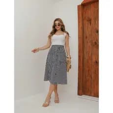 AM FASHION SAIA CURTO DECIDO DUNA LISTRADO  COM 2 BOLSA COM BOTAO COM FORRO MODA FAMININA 2025