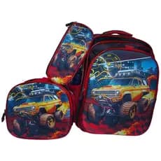 Mochila Escolar Infantil Carro com LED - Kit 3 Peças com Lancheira Térmica e Estojo