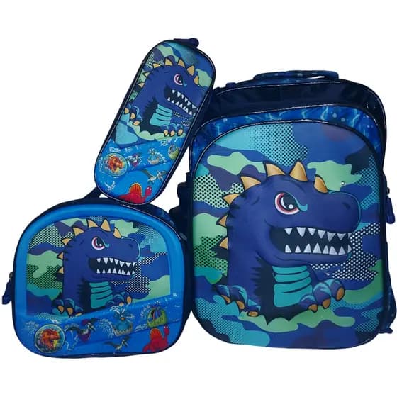 Mochila Escolar Infantil Dinossauro com LED - Kit 3 Peças com Lancheira Térmica e Estojo
