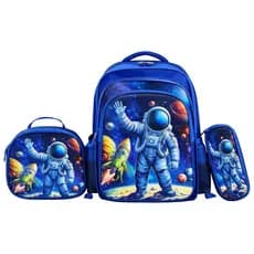 Mochila Escolar Infantil Astronauta 3D com LED Kit 3 Peças – Lancheira Térmica + Estojo