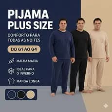 Pijama Masculino Plus Size para Inverno – Conjunto em Malha Macia com Manga Longa e Calça Comprida