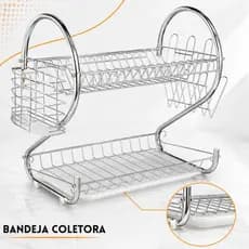Escorredor de Louça Duplo Inox 14 Pratos Porta Talheres com Bandeja Coletora Seca Louças Pia Seca