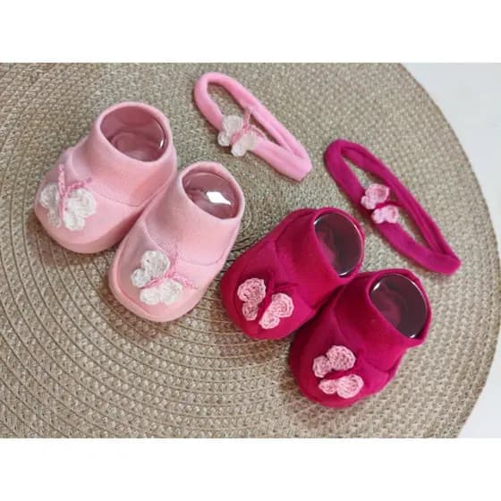 SAPATINHO MENINA COM TIARA TIPO MEIA BEBE TRICO BORBOLETAS