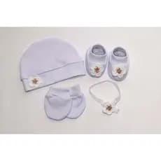 KIT ACESSORIOS BEBE COM TOUCA LUVAS SAPATINHO E PREGADOR DE CHUPETA TEMA FLOR