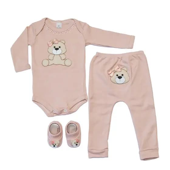Body Bebê menina Conjunto 3 peças e mijão bordado ursinha teddy