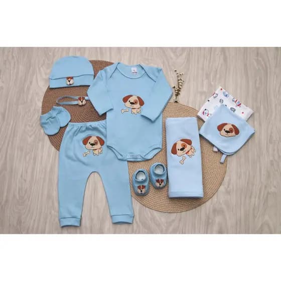 kit saida maternidade menino c/9 peças azul bebe tema doguinho