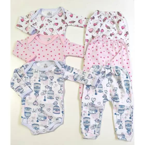 Kit 6 Peças body e calça bebê menina infantil estampas sortidas