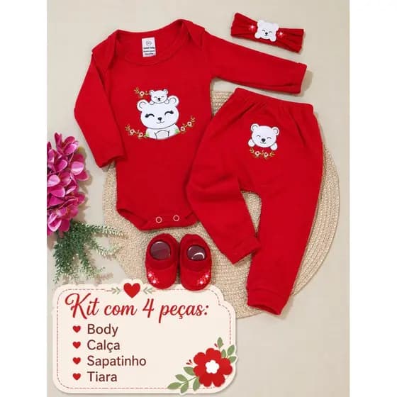 CONJUNTO COMPLETO BODY E CALÇA BEBE COM SAPATINHO E TIARA MENINA MATERNIDADE