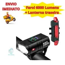 Lanterna Bicicleta Luz Forte Farol T6 Duplo Led Com Zoom 3 Focos e Sinalizador Traseiro Noturno