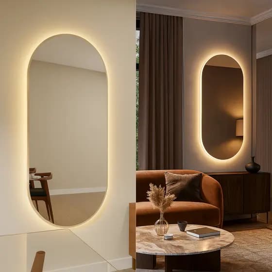 Espelho Grande Oval Led Quente 3000K Neutro 4000k Frio 6000k Sem Moldura Corpo Inteiro Banheiro Hall Bivolt