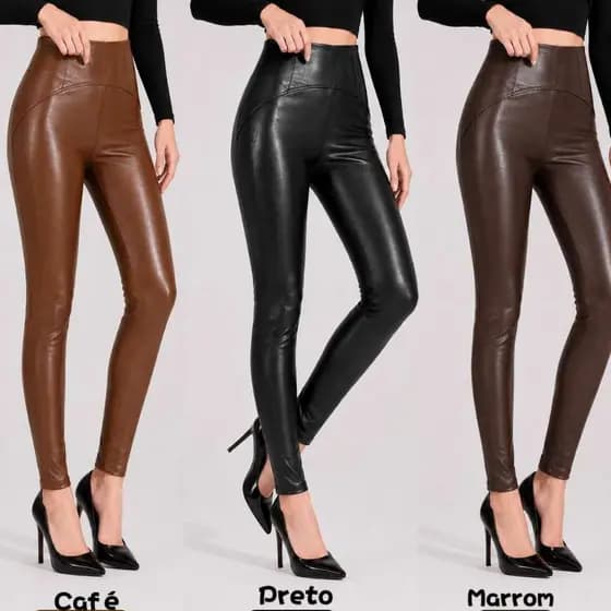 Calça Legging Peluciada Feminina Couro Sintético Cintura Alta Térmica Inverno Premium