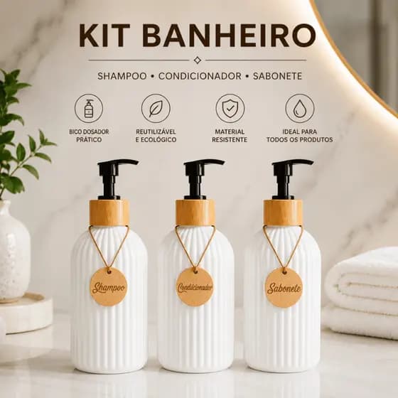 Kit 3/2/1 Frasco Multiuso Organizador Banheiro Shampoo Condicionador Sabonete 500ml