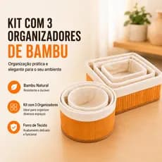 Conjunto 3 Peças Cesto Organizador De Bambu Quadrado ou Redondo Multiuso com Forro