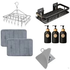 Kit Banheiro Completo Sem Furo – Suporte Alumínio + Varal 40 Prendedores + 2 Tapetes + Frascos 500ml + Capa de Ralo