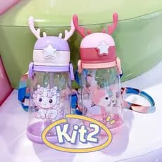 Kit 2 Garrafas De Alce Água Infantil Criança Portátil Com Canudo Desenho Multicolorido Menina Lolita