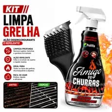 Kit Limpa Grelha Spray 500ml Desengordurante Remove Gordura + Escova Limpa Grelha Churrasqueira Fogão Grill Forno