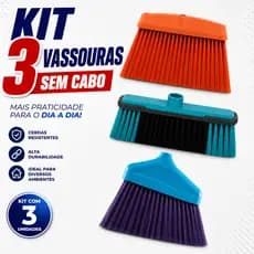 Kit 3 Vassoura Sem Cabo Multiuso Limpa Cantos Tira Pelos Cerdas Macias Limpeza Pesada Todos Pisos