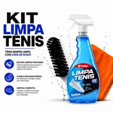 Kit Limpa Tênis 500ml + Flanela + Escova Remove Sujeira Pesada Renova Calçado Solado Branco Colorido