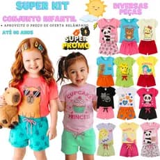 Kit 6/8/14 Conjunto Infantil Menina  Camiseta Verão Estampada Algodão Roupa de Bebê Criança