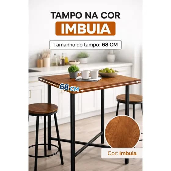 Mesa Alta Bistrô Decorlidi com Tampo 68 cm Cor Imbuia Estrutura Aço Preto Design Industrial