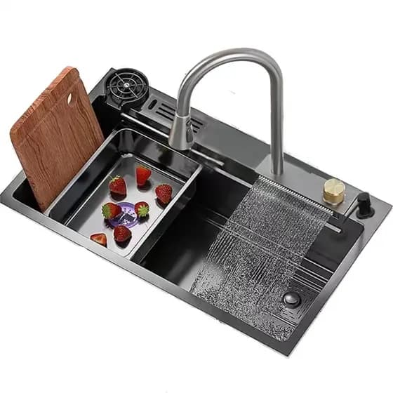 Cuba Cascata Pia Com Torneira Lavador De Copos Completa Acessórios Aço Inox 304 Cozinha Gourmet Cor Preto 75*45cm