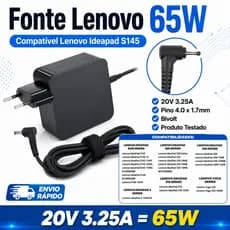 Fonte Carregador Compatível Lenovo Ideapad S145 E Yoga Etc 65W 20V 3.25A Pino 4.0x1.7mm Bivolt
